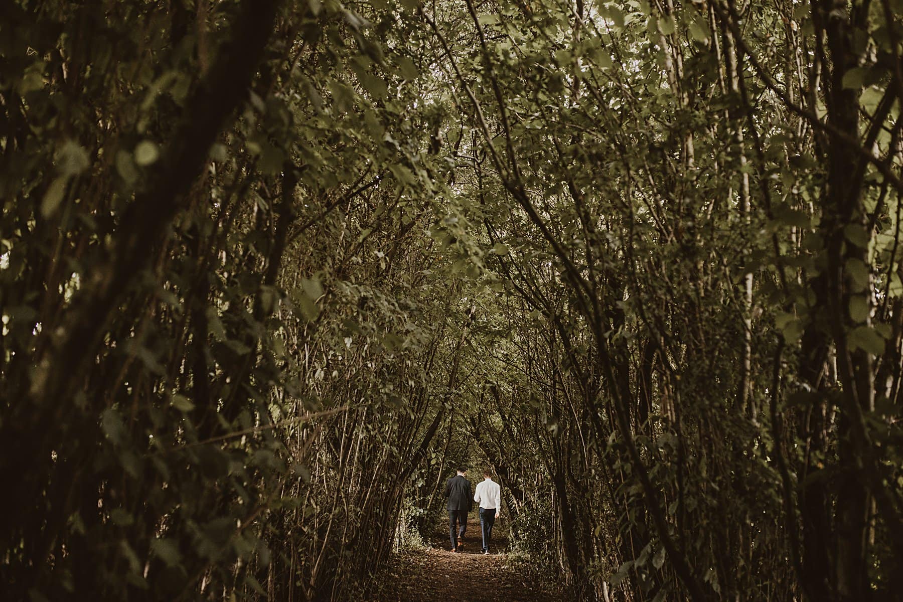 Nature corridor, men walking through