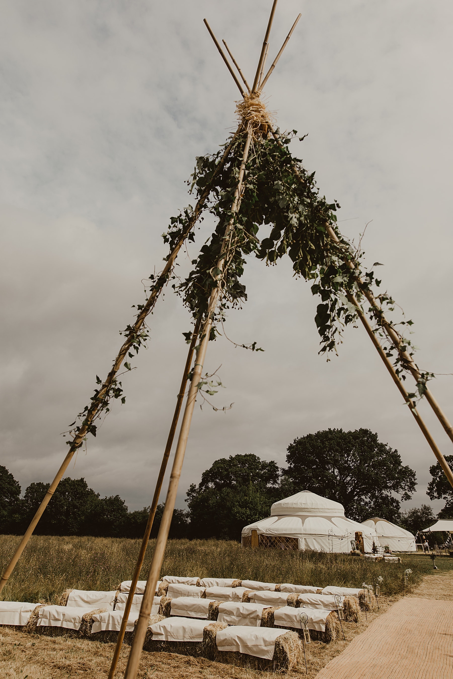 Naked tipi ceremony in field Wales