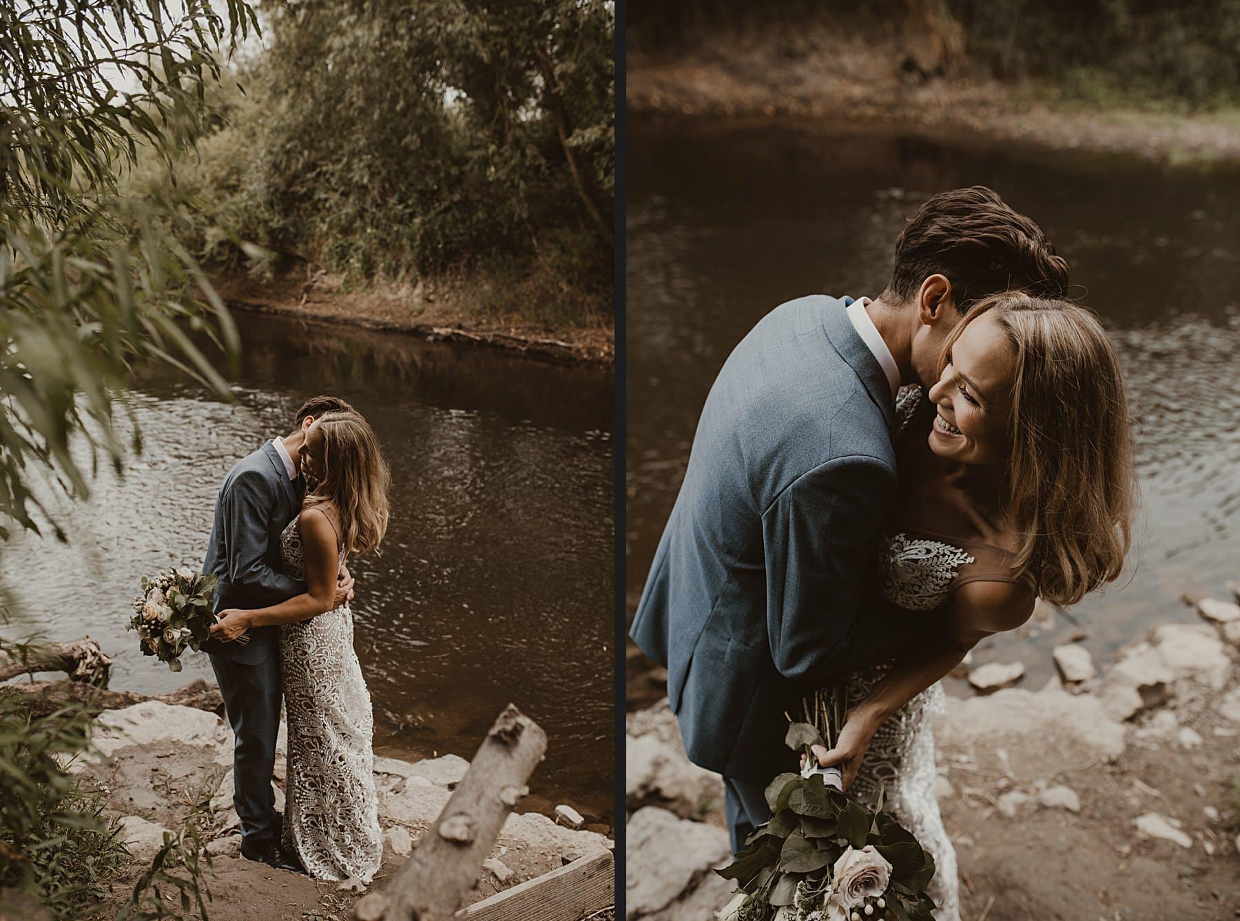 Couple laughing and cuddling by a river