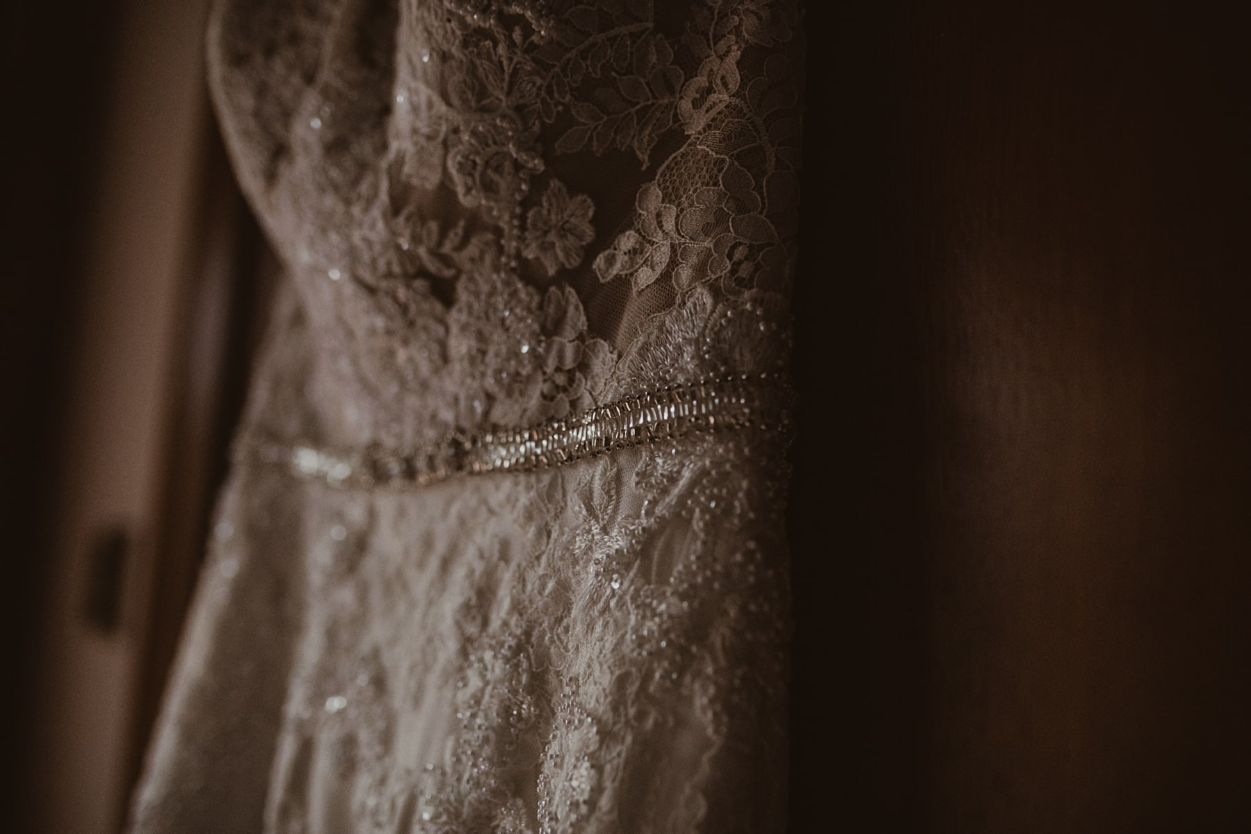 Wedding dress hanging up